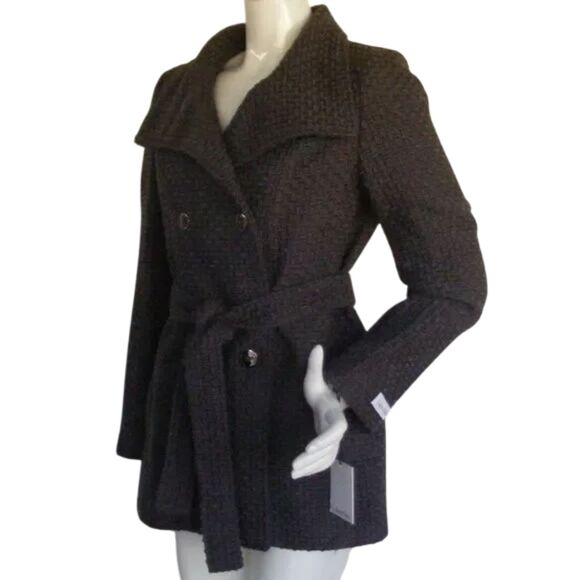new CALVIN KLEIN Overcoat, S, Basket weave, Gray, Sash Belt, Double Breasted - Picture 3 of 15